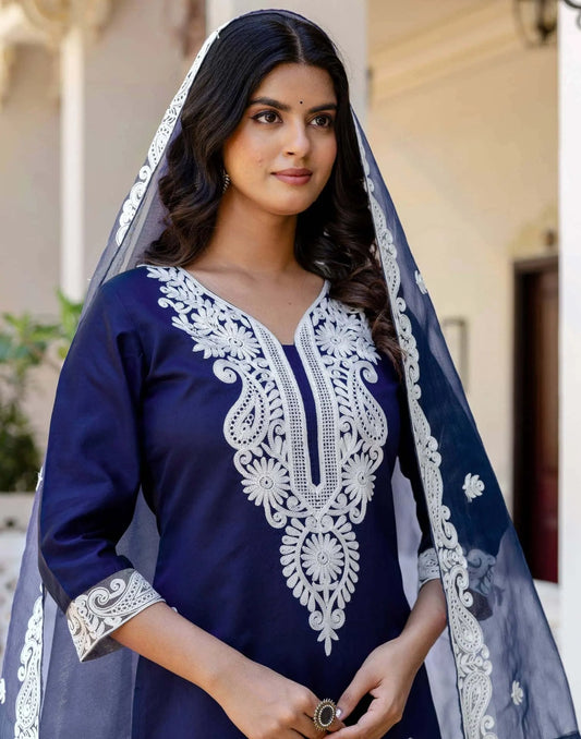 Silk Chikankari Embroidery and Embroidery Lace Straight Kurta with Pant & Dupatta