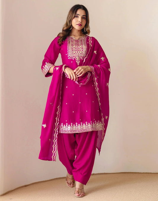 Affordable Pink Silk Embroidered Straight Kurta Set Round Neck Silk Embroidery Work Kurti with Patiala & Dupatta