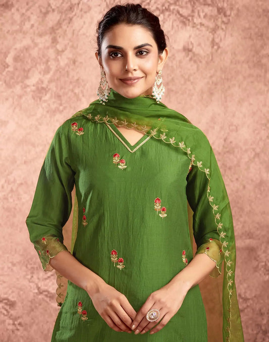 Silk Blend Embroidery and Lace Straight Kurta with Pant & Dupatta