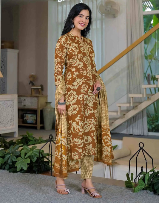 Cotton Printed Straight Mandarin Collar Kurta with Pant & Dupatta