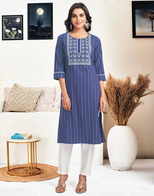 Cotton Embroidered Straight Round Neck Kurtis