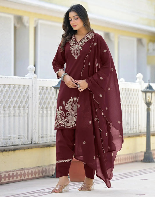 Cotton Embroidered V-Neck Straight Kurta with Pant & Dupatta