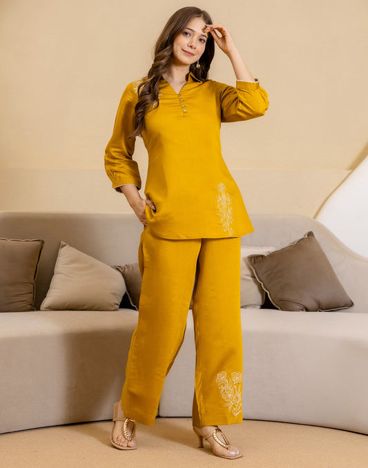 Silk Blend Plain V-Neck Co-ord Set