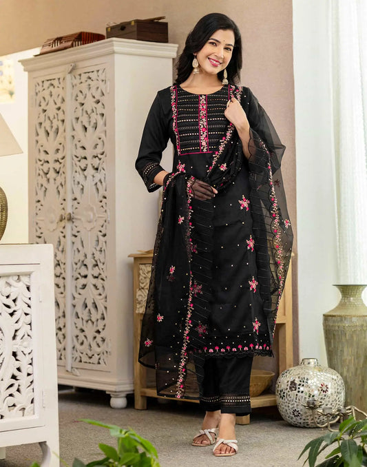 Black Silk Blend Embroidery and Sequins Work Straight Kurta with Pant and Dupatta