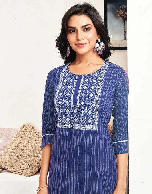 Cotton Embroidered Straight Round Neck Kurtis
