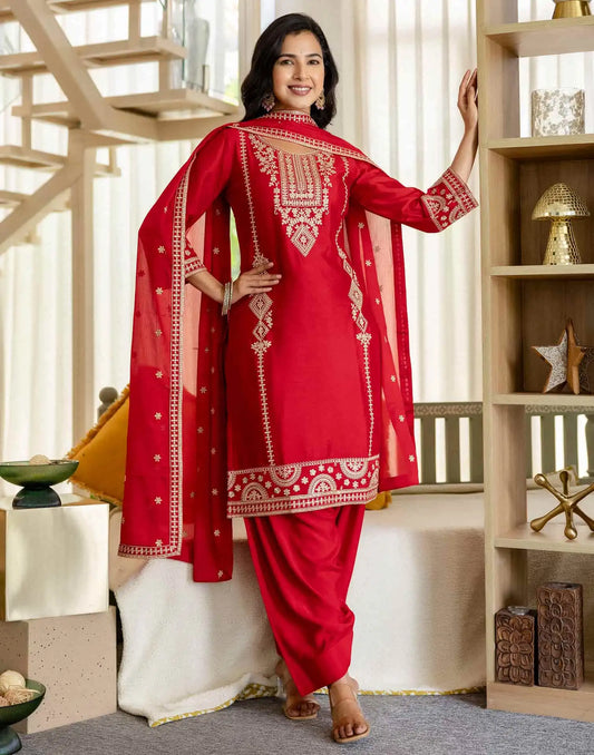 Silk Straight Embroidery Round Neck Kurta with Pant & Dupatta