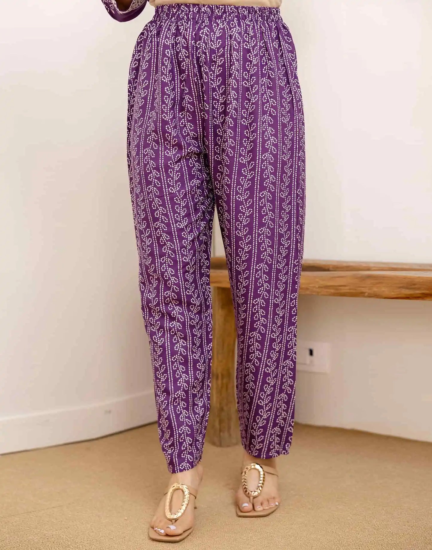 Affordable Purple Cotton Printed Anarkali Kurta Set V-Neck Cotton Kurti with Pant & Dupatta