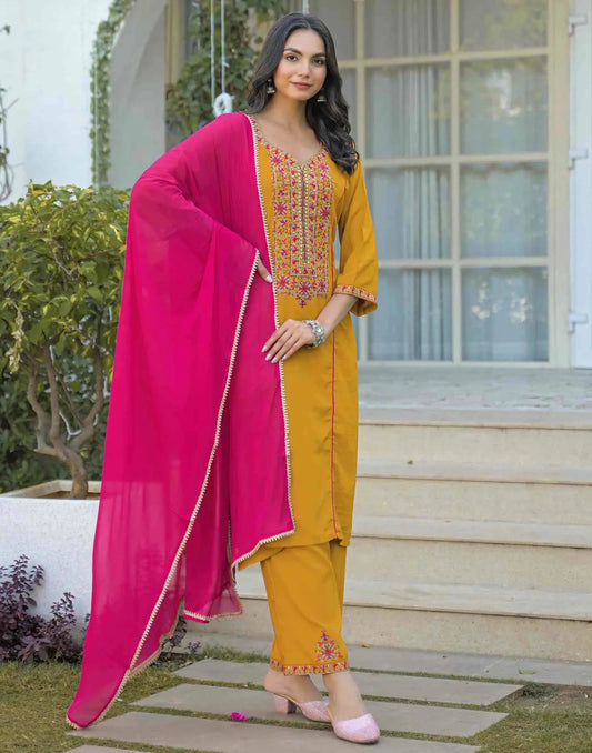 Silk Embroidered Straight Sweetheart Neck Kurta with Pant & Dupatta