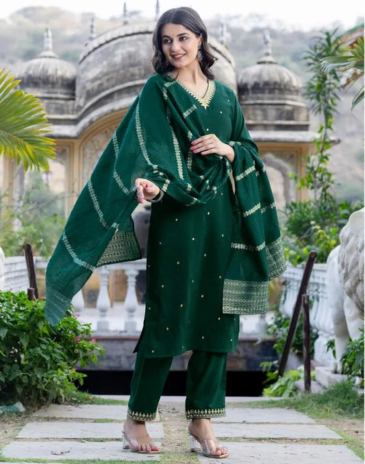 Stylish Dark Green Silk Sequin Kurta Set with dupatta