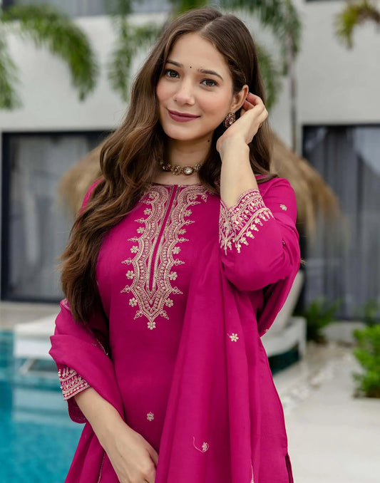 Silk Embroidered Straight Kurta with Pant & Dupatta