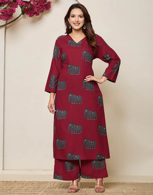 Cotton Printed V-Neck Co-ord Set