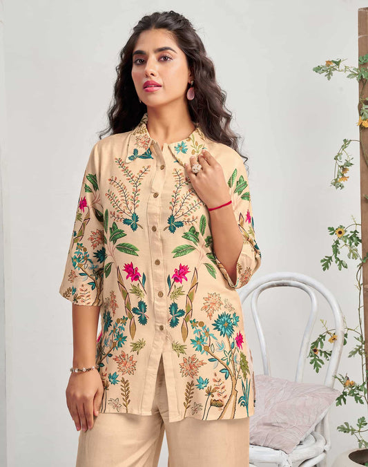 Silk Blend Printed Mandarin Collar Co-ord Set