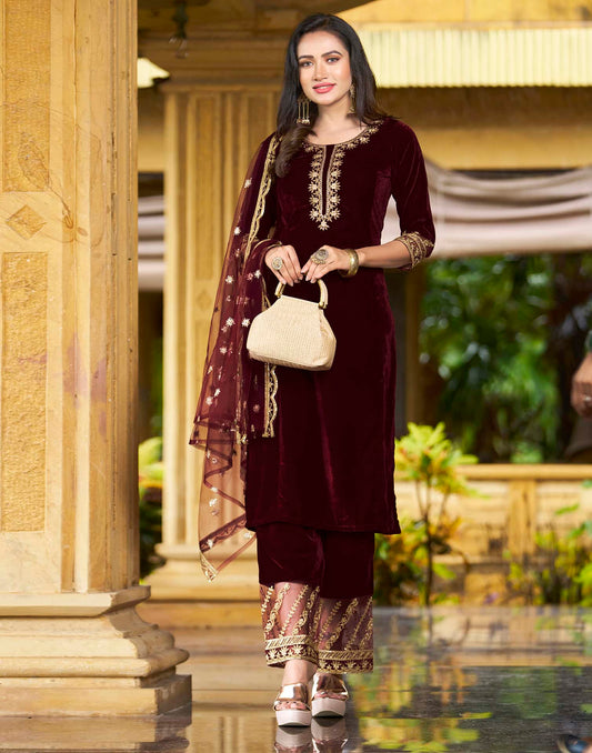 Maroon Velvet Embroidered Straight Kurta Set with Pant and Dupatta – Affordable Elegant Wedding & Festive Wear for Women