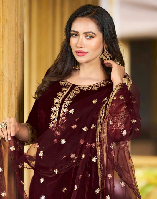Maroon Velvet Embroidered Straight Kurta Set with Pant and Dupatta – Affordable Elegant Wedding & Festive Wear for Women
