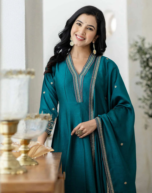 Silk Flared Embroidery V-Neck Kurta with Pant & Dupatta