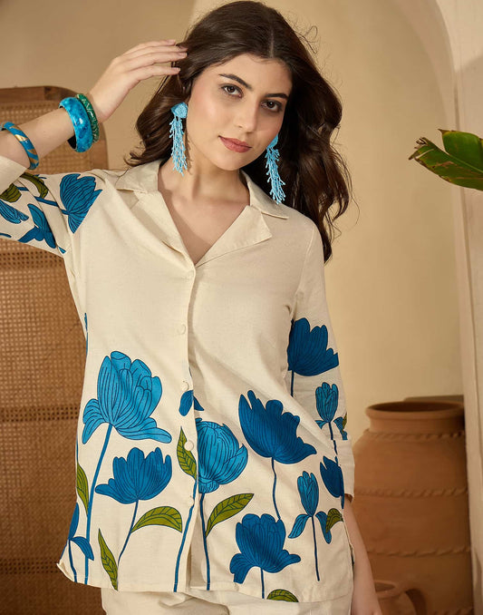 Cotton Blend Printed V-Neck Co-ord Set