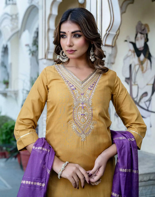 Cotton Blend Embroidered Straight Kurta with Pant & Dupatta