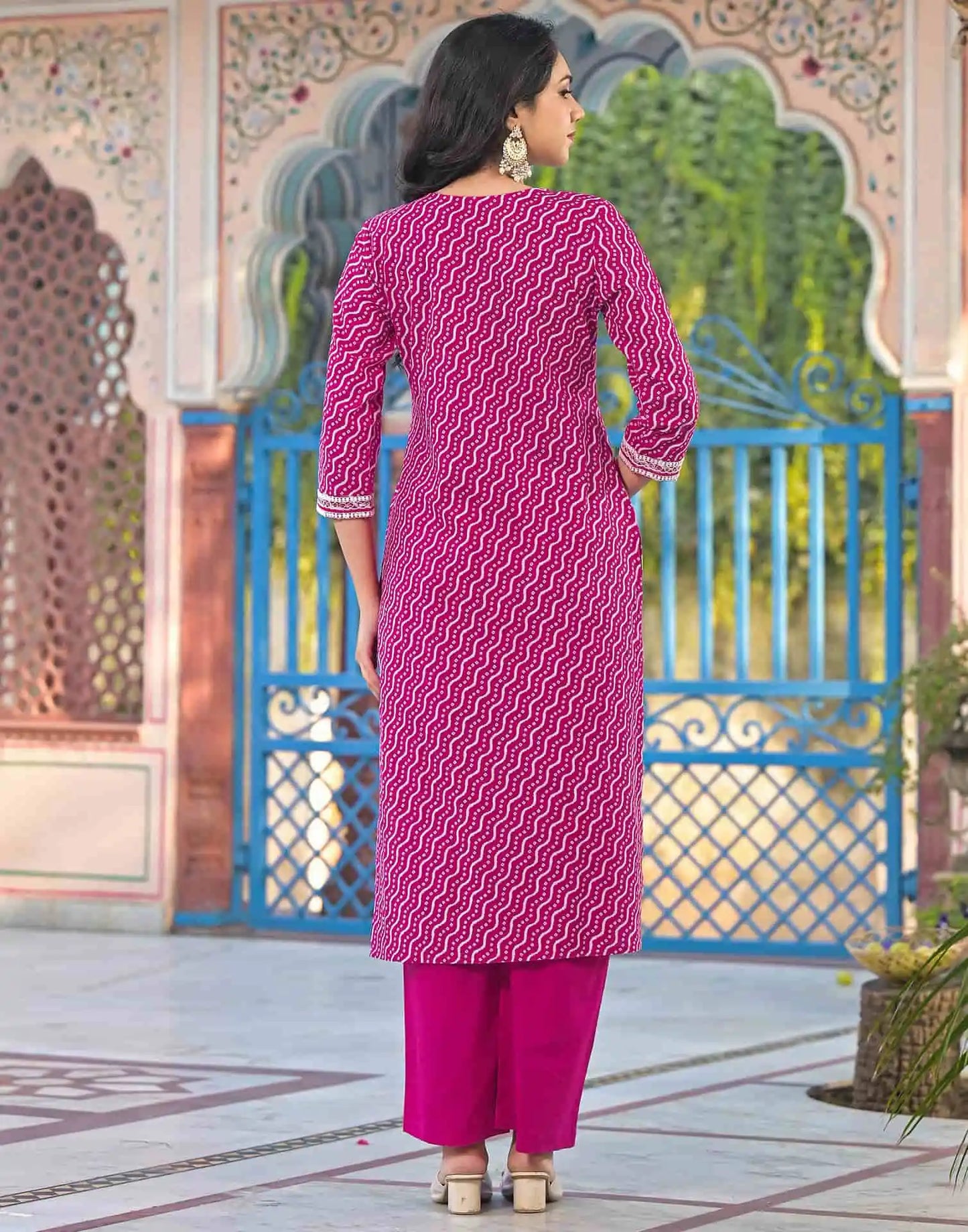 Pink Cotton Printed Straight Kurta Set for Women with Pant and Dupatta