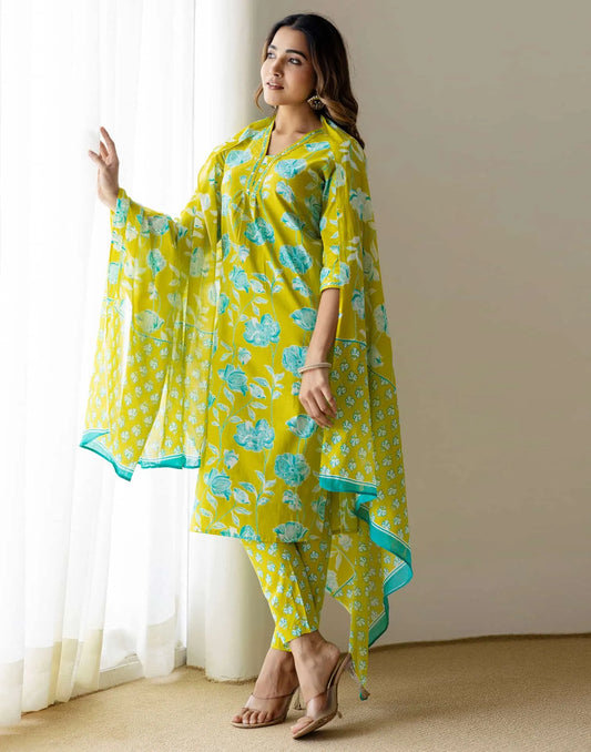 Green Cotton Printed Straight Kurta with Pant & Dupatta for Women
