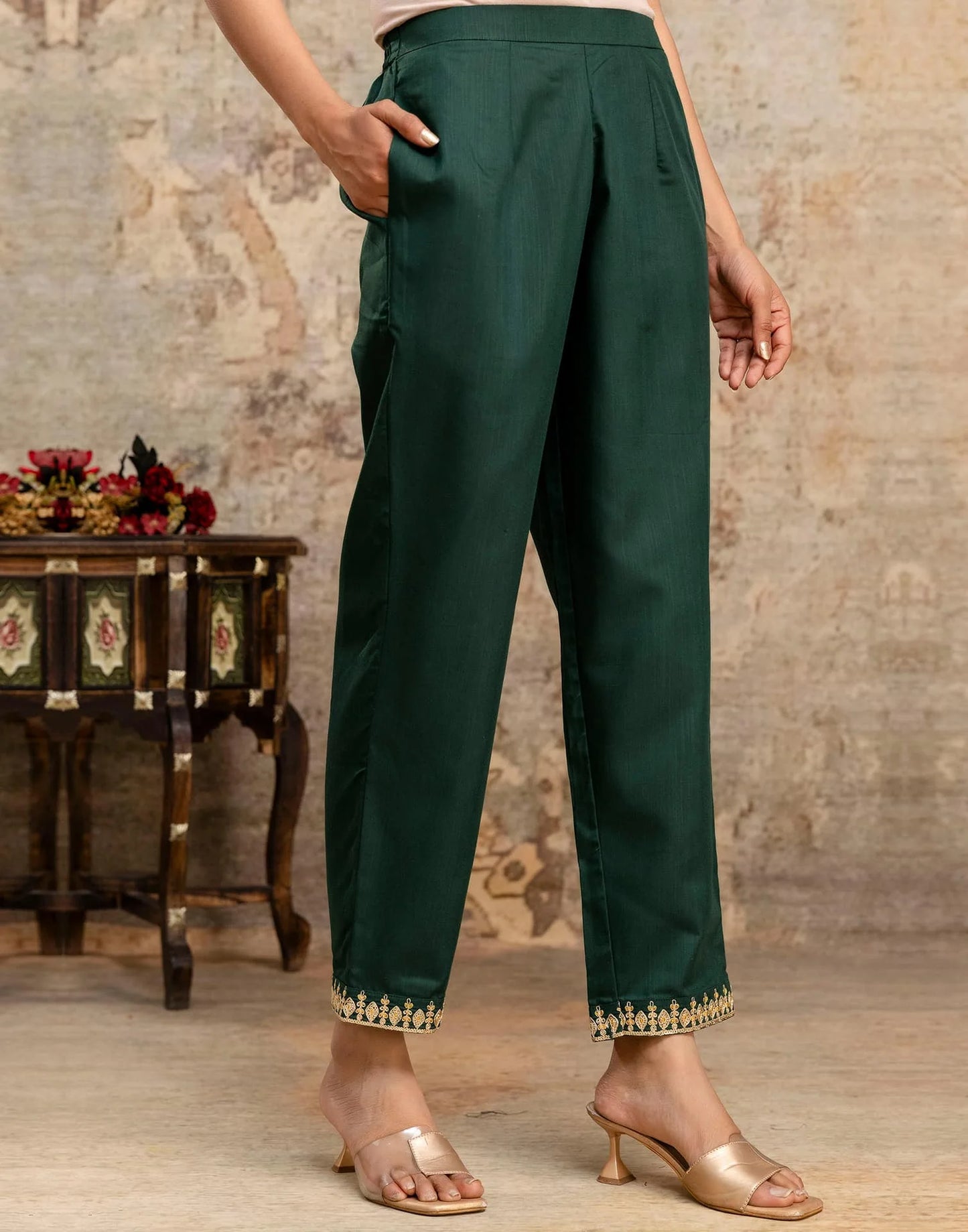 Dark Green Cotton Sequin and Embroidered Straight Kurta Set with Pant & Dupatta for Women