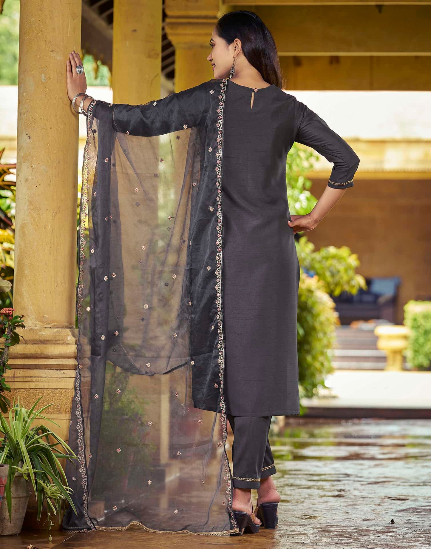 Grey Silk Sequence Embroidered Straight Kurta Set with Pant and Dupatta – Elegant Wedding & Festive Wear for Women
