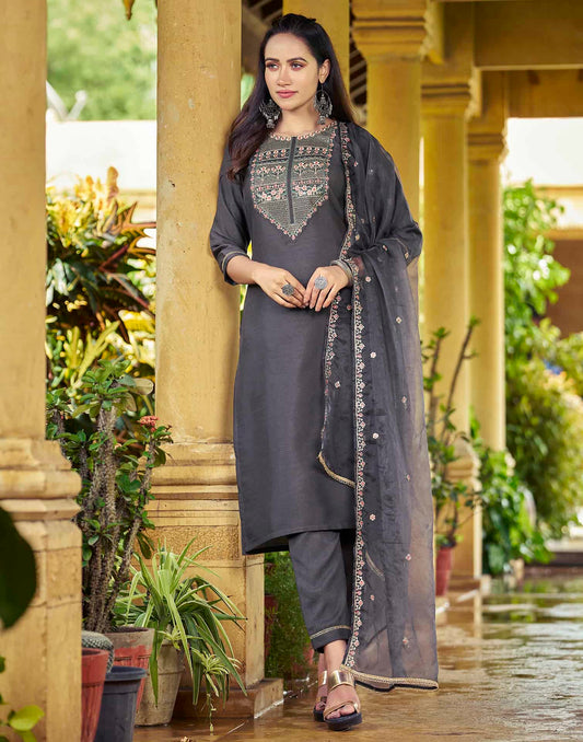 Grey Silk Sequence Embroidered Straight Kurta Set with Pant and Dupatta – Elegant Wedding & Festive Wear for Women