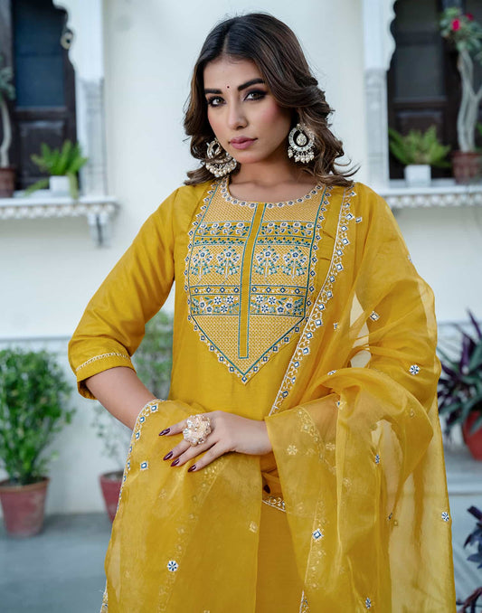 Yellow Silk Sequence Embroidered Straight Kurta Set with Pant and Dupatta – Elegant Wedding & Festive Wear for Women
