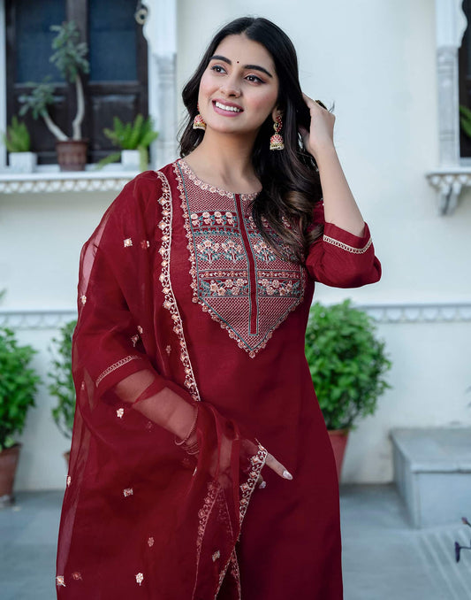 Maroon Silk Sequence Embroidered Straight Kurta Set with Pant and Dupatta – Elegant Wedding & Festive Wear for Women