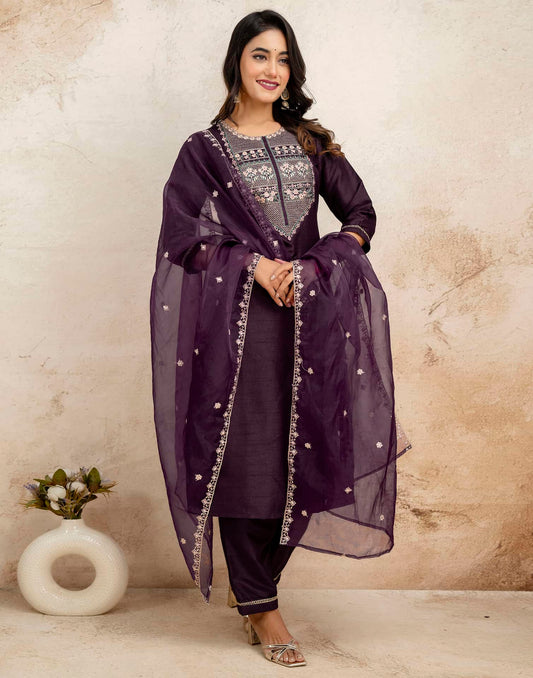 Purple Silk Sequence Embroidered Straight Kurta Set with Pant and Dupatta – Elegant Wedding & Festive Wear for Women