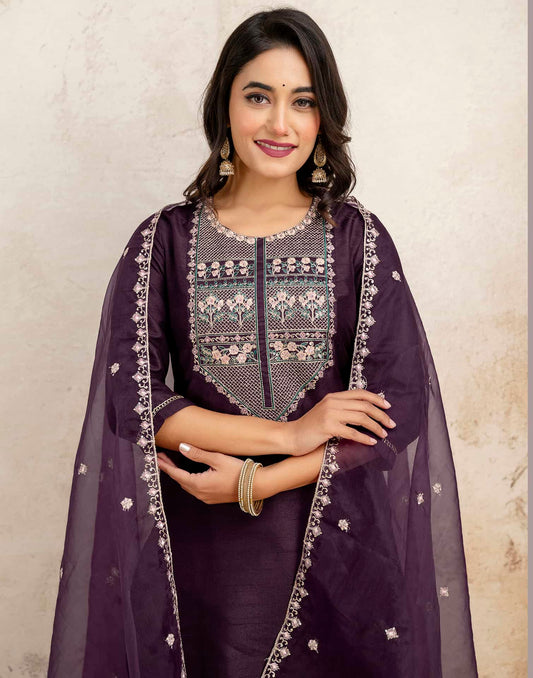Purple Silk Sequence Embroidered Straight Kurta Set with Pant and Dupatta – Elegant Wedding & Festive Wear for Women