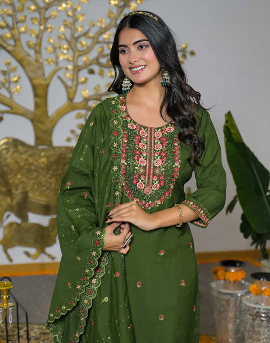Silk Straight Embroidery Round Neck Kurta with Pant & Dupatta