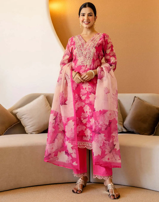 Pink Organza Printed Straight Kurta Set with Pant and Dupatta under 1299