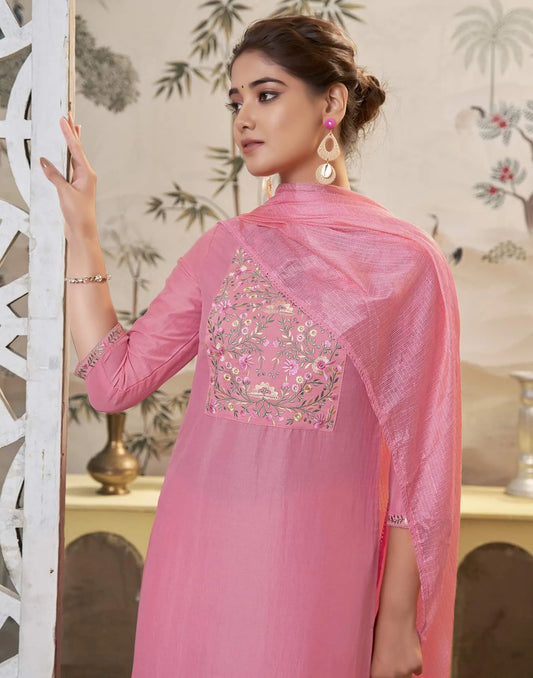 Silk Blend Dyed, Embroidery and Embroidery Lace Straight Kurta with Pant & Dupatta