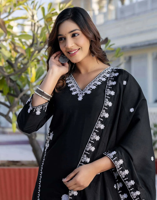 Silk Embroidery Straight Kurta with Pant & Dupatta
