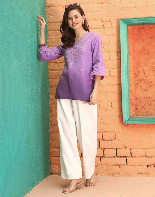 Cotton Chikankari Straight Sweetheart Neck Short Kurti
