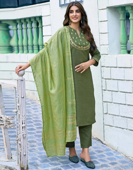 Affordable Olive Green Silk Embroidered Kurta Set with dupatta