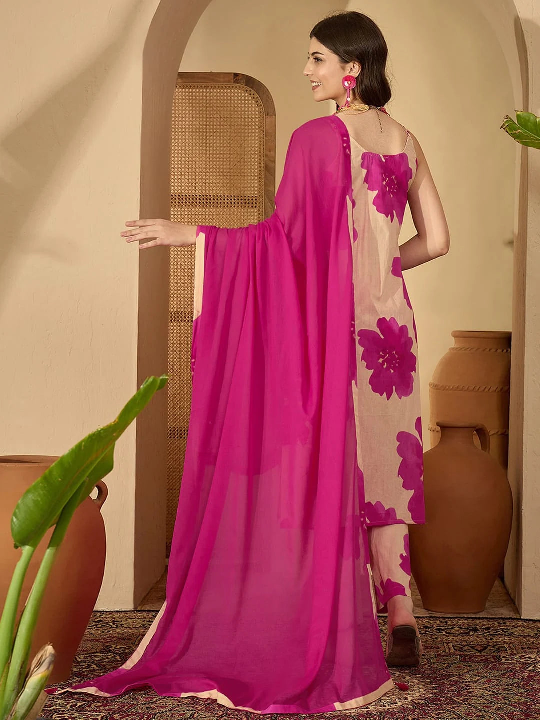 Pink Cotton Printed Straight Kurta Set with Pant & Dupatta V-Neck Casual & Office Wear for Women