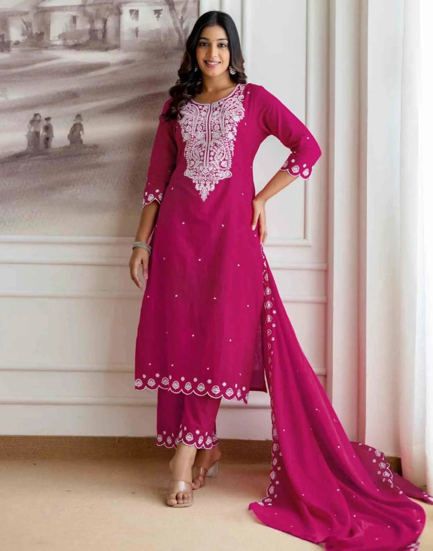 Cotton Embroidered Straight Kurta with Pant & Dupatta