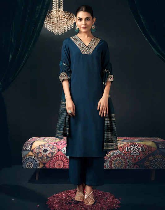 Affordable Rama Blue Chanderi Embroidered Festive Kurta Set