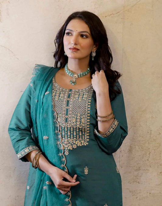 Silk Straight Embroidery Round Neck Kurta with Pant & Dupatta