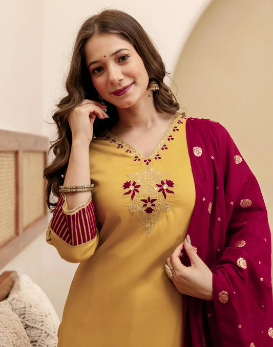 Silk Straight Embroidery V-Neck Kurta with Pant & Dupatta