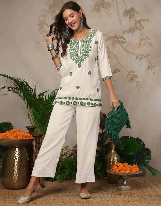 Rayon Chikankari Straight Round Neck Short Kurti