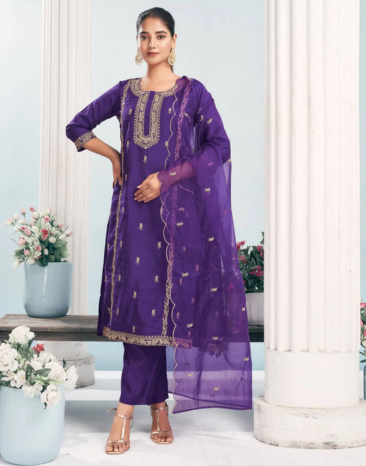 Silk Blend Embroidered Straight Kurta with Pant & Dupatta