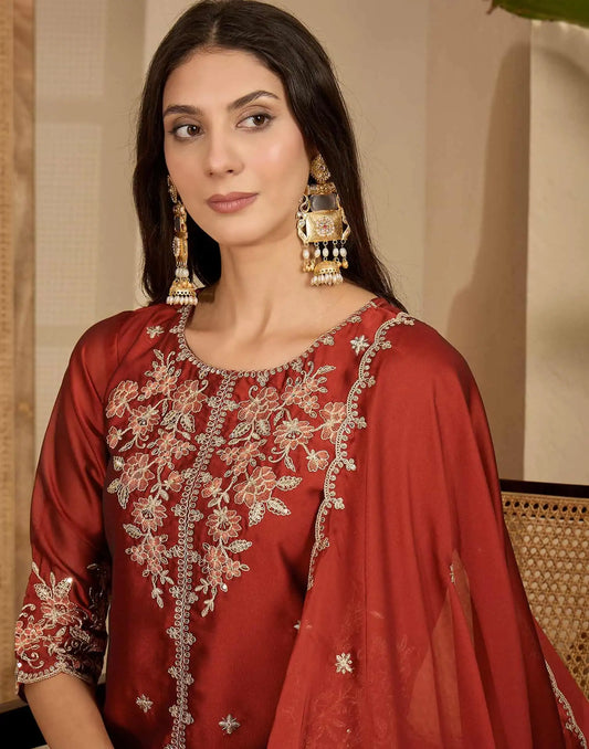 Silk Straight Embroidery Round Neck Kurta with Pant & Dupatta