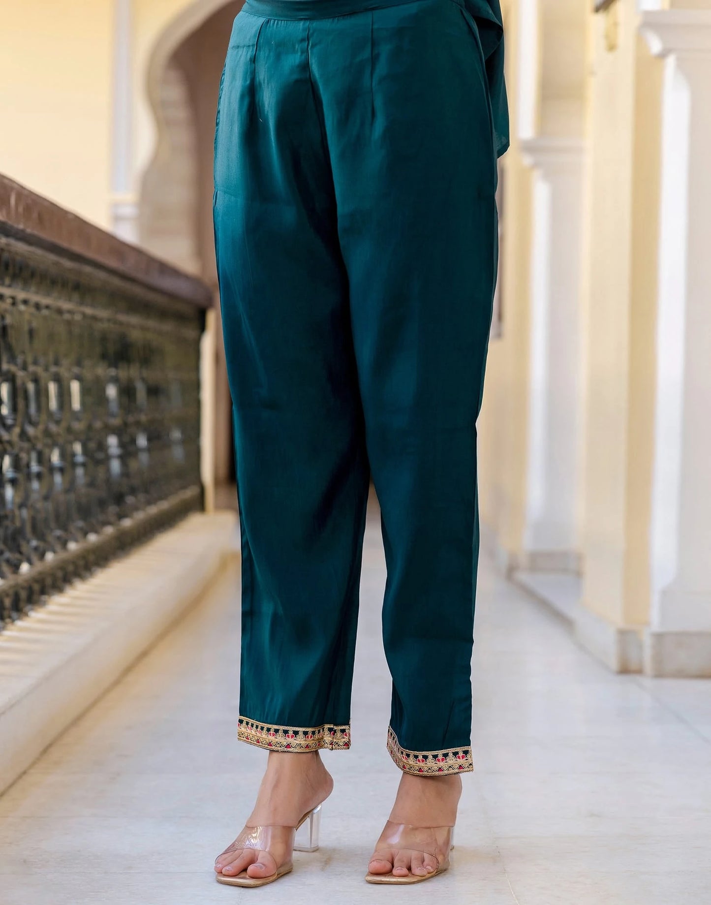 Skylee Green Silk Embroidered Straight Kurta with Pant & Dupatta