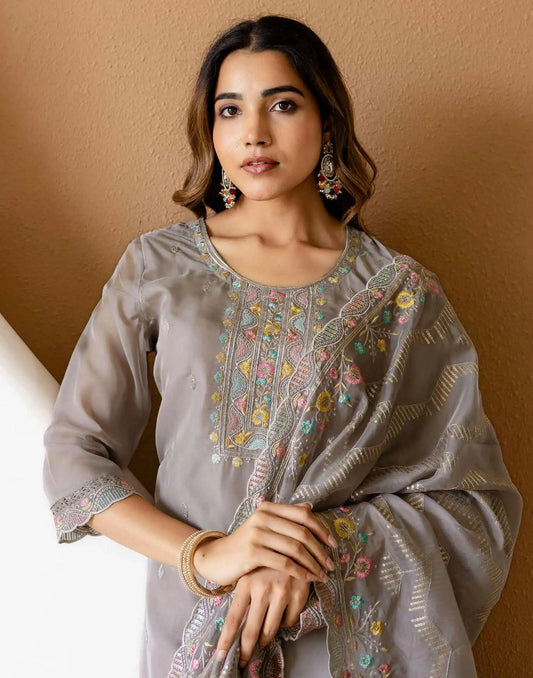 Grey Silk Embroidered Straight Kurta Set with Pant & Dupatta for Women Festive & Wedding Wear