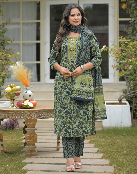Cotton Embroidered Round Neck Straight Kurta with Pant & Dupatta