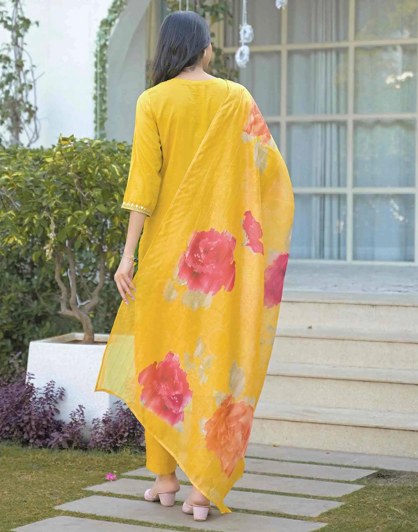 Silk Embroidered Straight Round Neck Kurta with Pant & Dupatta