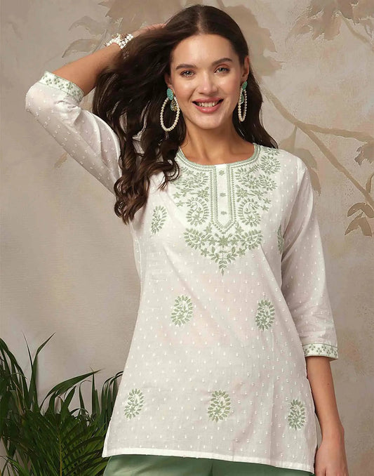 Cotton Chikankari Straight Round Neck Short Kurti