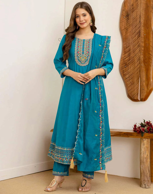 Blue Silk Embroidered Anarkali Kurta Set with Pant and Dupatta for Women Festive Wear under 1299